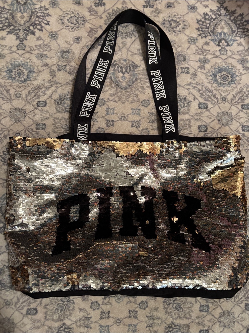 PINK Victoria's Secret Reversible Sequin Tote in Gold & Silver with Black Logo